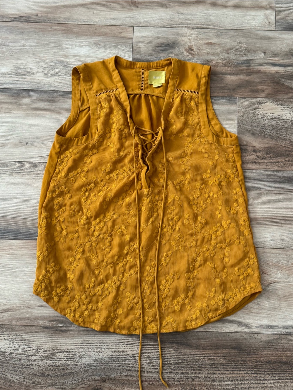 Maeve Anthropologie Embroidered lace up mustard tank top size 8 - Picture 4 of 14